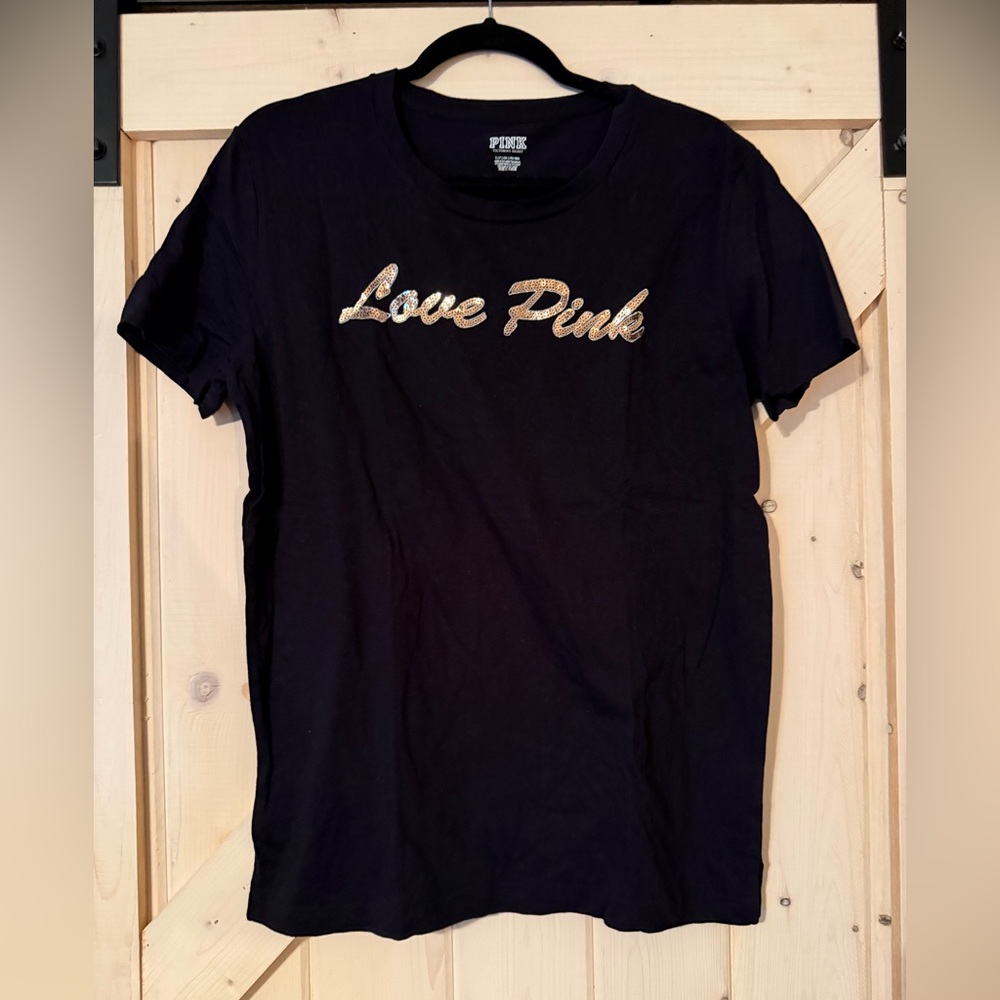 Victoria’s Secret PINK Black T-Shirt with 'Love Pink' Logo Size Small